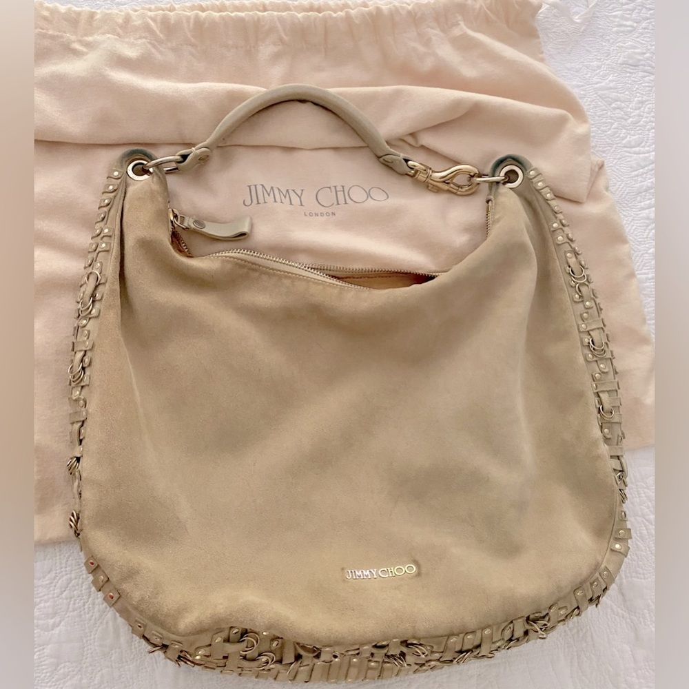 JIMMY CHOO large suede shoulder bag. Tan / beige colour, gold embellishments. - Picture 1 of 11